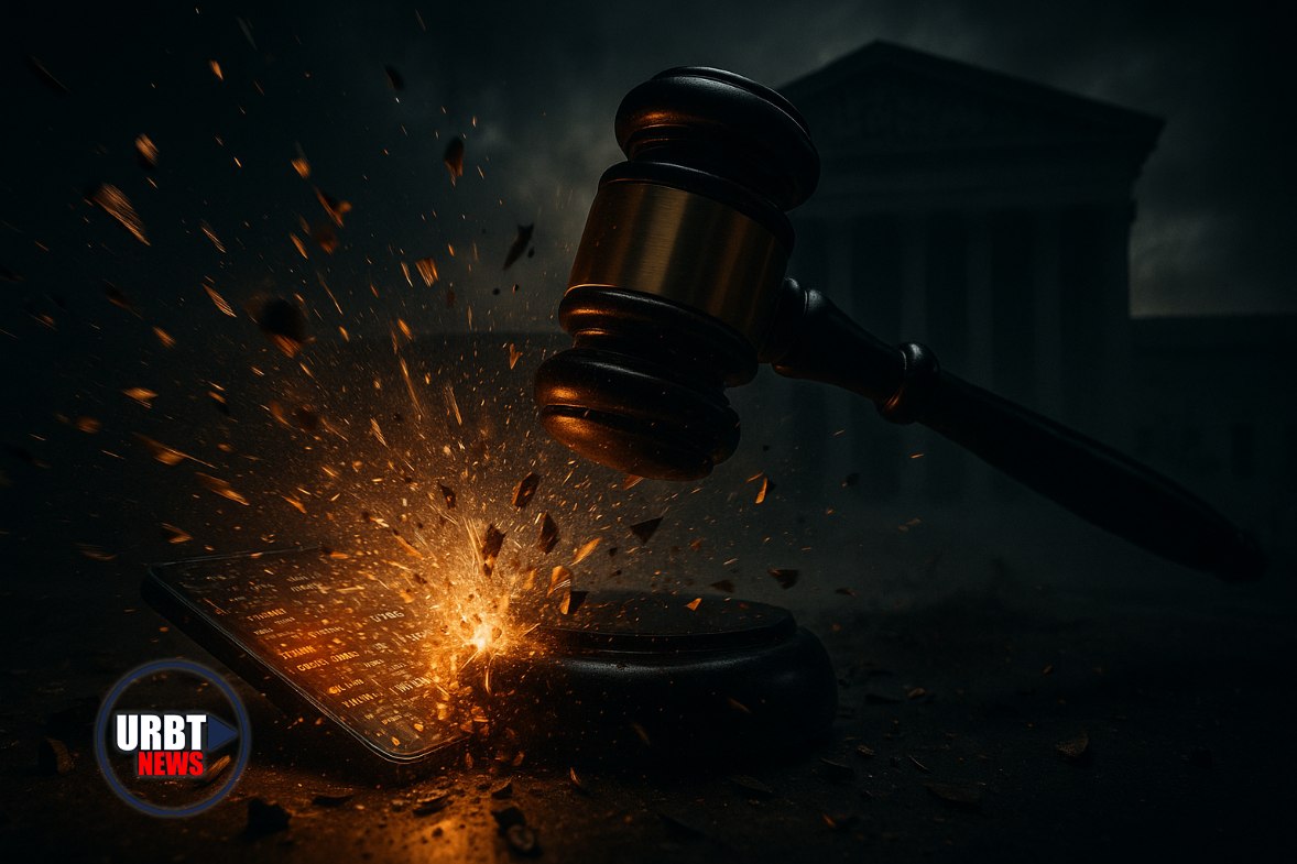 { "prompt": "Sensationalized, cinematic photorealistic image of a digital ledger exploding into shards of data as a gavel slams down on it, a silhouette of the Supreme Court building looms in the background, dramatic high-contrast lighting, wide-angle view, deep shadows, bright highlights, intense and engaging mood.", "technical_specs": { "resolution": "1200x675", "style": "cinematic, photorealistic", "lighting": "dramatic, high contrast", "orientation": "landscape", "no_text": true, "mood": "intense, engaging", "content_focus": "dynamic, action-oriented" } }